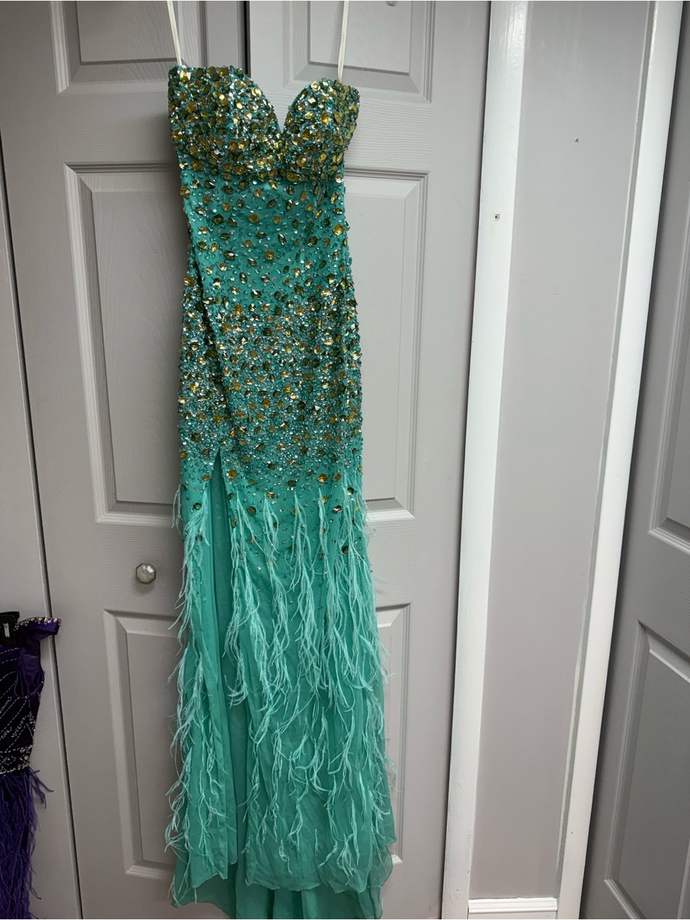 Strapless Beaded Feather-Trim Evening Gown - Mint